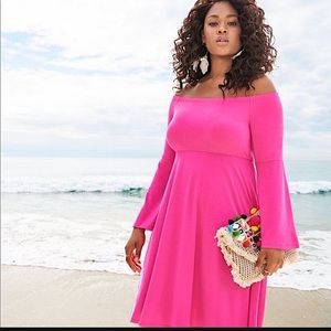 NWT - Torrid 0/12 - HOT PINK - Off shoulder, Bell sleeve, A-Line Dress
